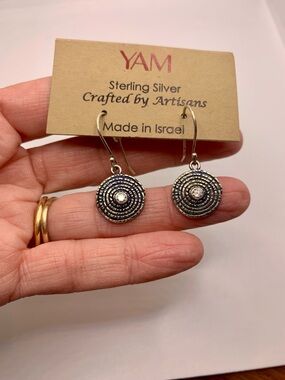 YAM Sterling Silver Textured Disc Drop Earrings - Silver